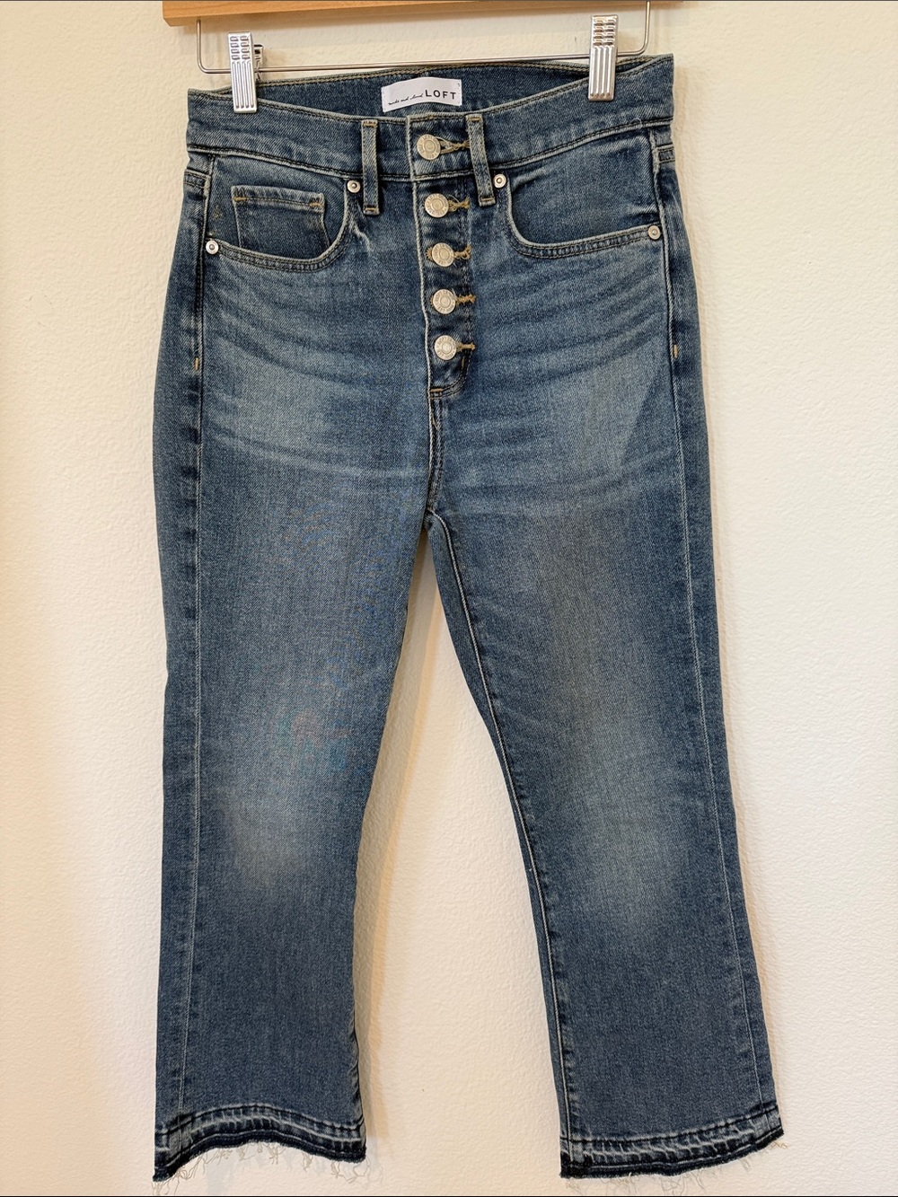 LOFT Cropped High-Rise Button-Fly Jeans in Medium Blue Denim 0/25